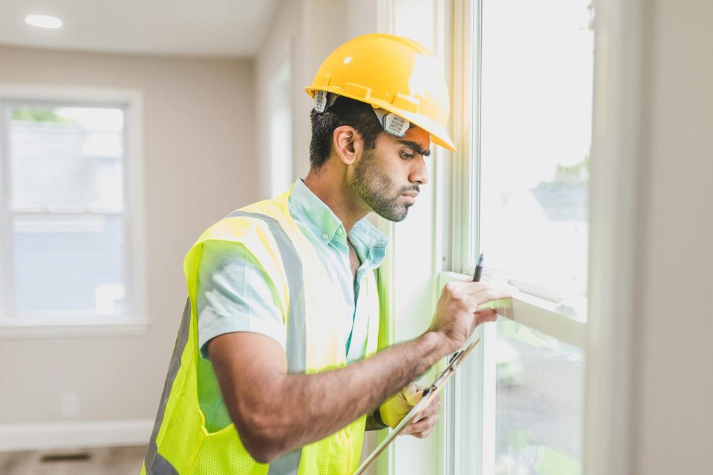 Ouvrier du bâtiment avec casque et gilet inspectant la fenêtre à l'intérieur, vue latérale.